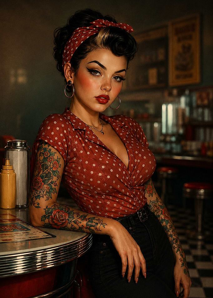 Tattooed Rockabilly Girl in Retro Diner