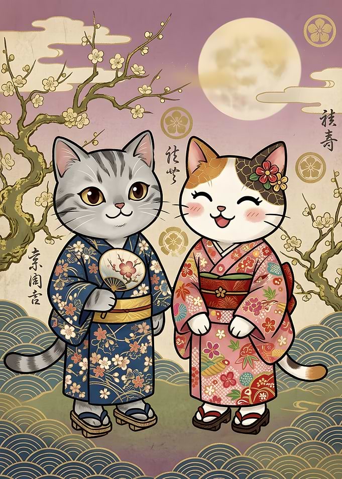 Two Cats in Traditional Japanese Kimonos