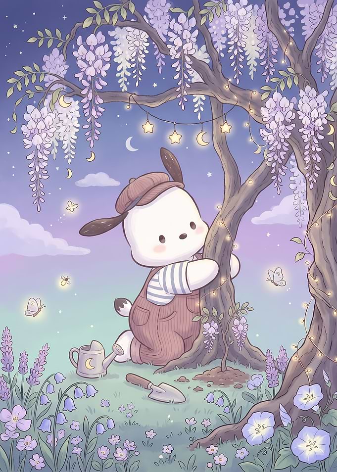 Pochacco Gardening Under Wisteria Tree