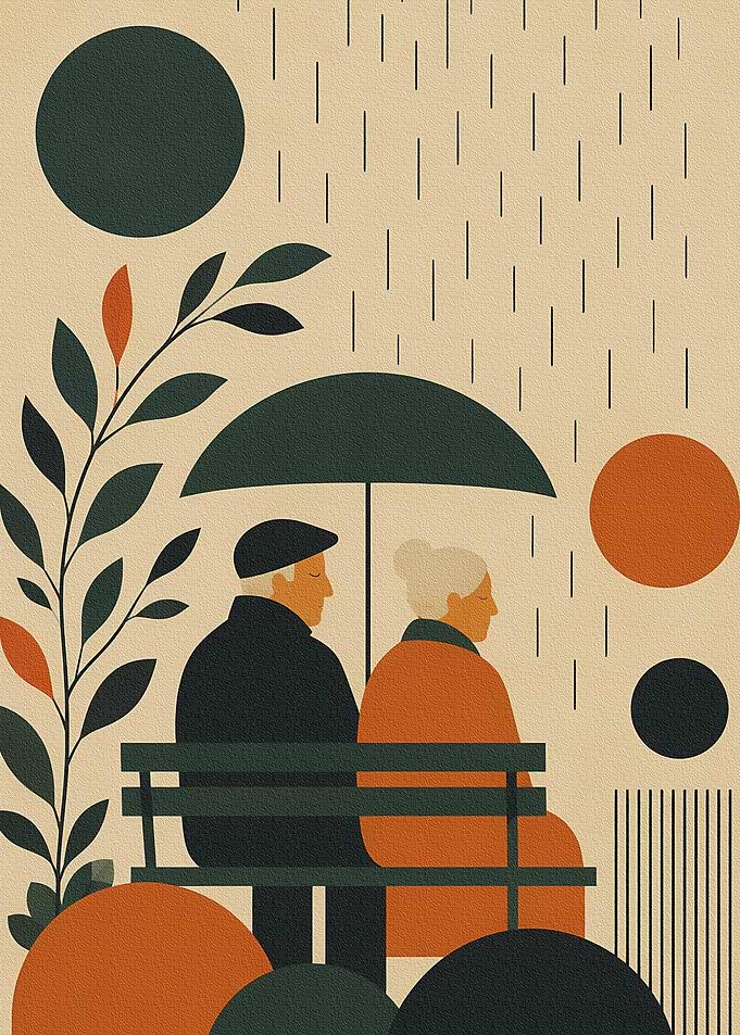 Elderly Couple Sitting Under Umbrella
