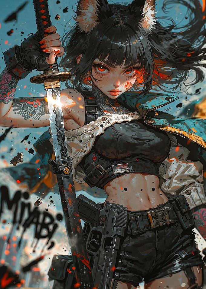 Cyberpunk Cat-Eared Warrior with Katana