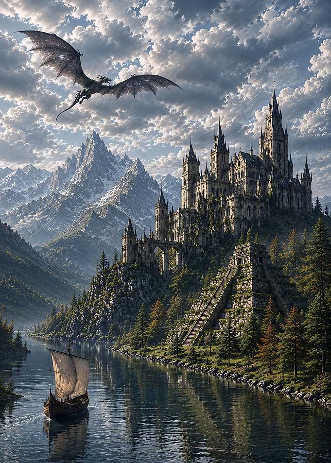 Dragon Flying Over Fantasy Castle