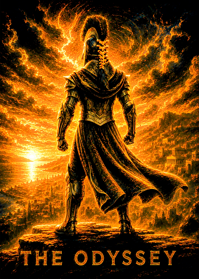 The Odyssey Warrior Standing Over City