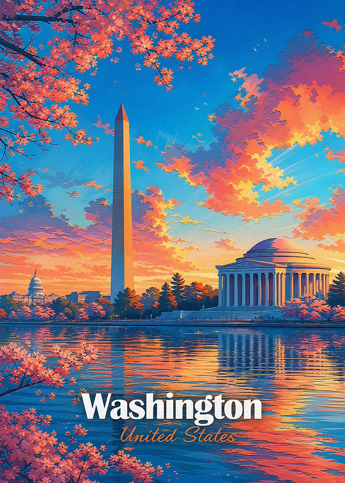 Washington DC Cherry Blossom Sunset Poster