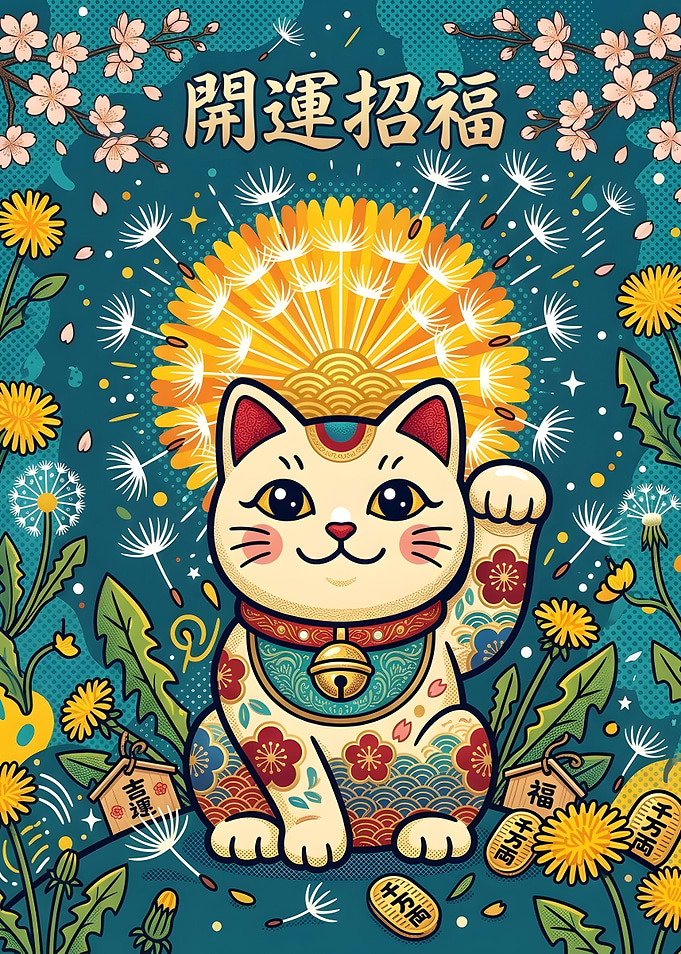 Lucky Maneki Neko Dandelion Illustration
