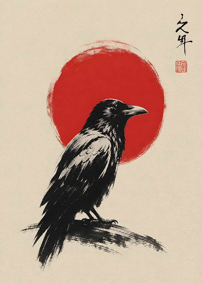 Japanese Ink Wash Raven and Sun