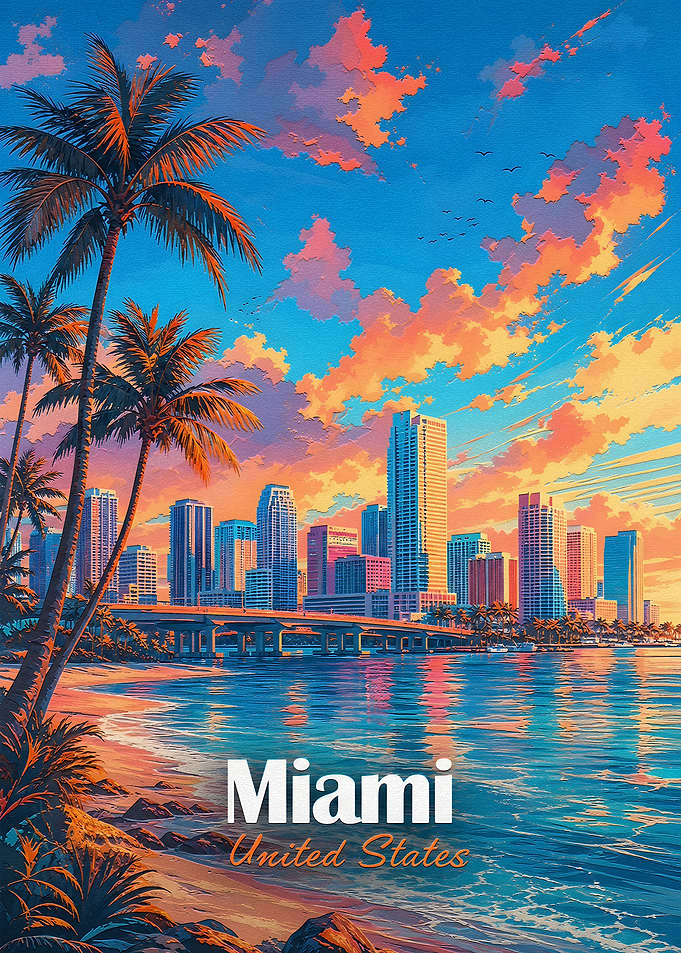 Miami Sunset Cityscape Travel Poster