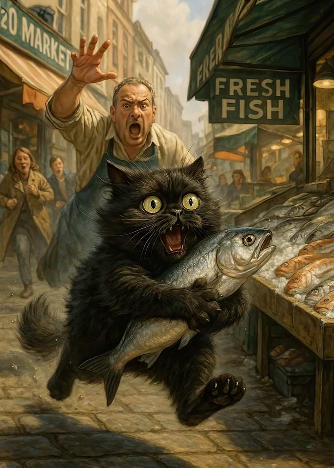 Black Cat Stealing Fish from Market