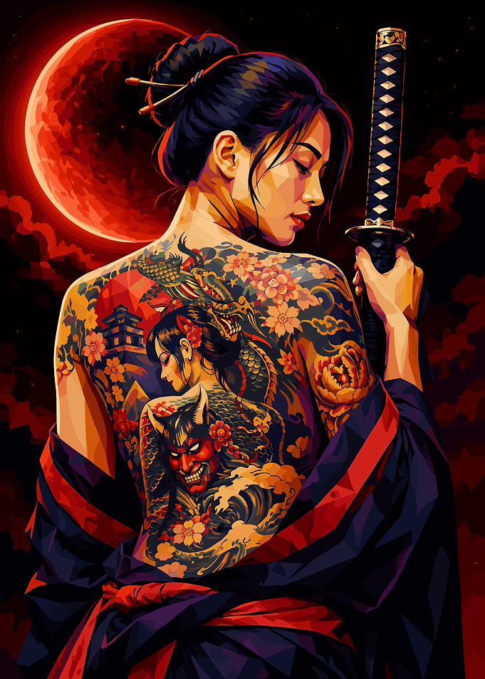 Tattooed Samurai Woman Under Red Moon