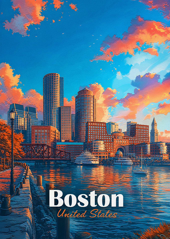 Boston Skyline Sunset Travel Poster