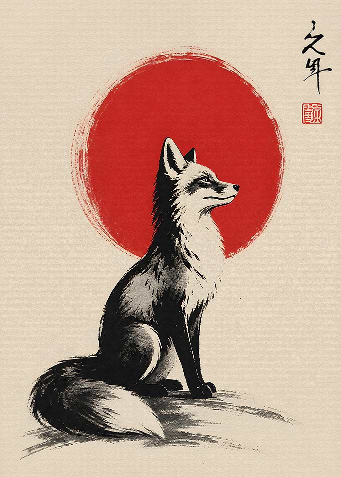 Sumi-e Style Fox with Red Sun