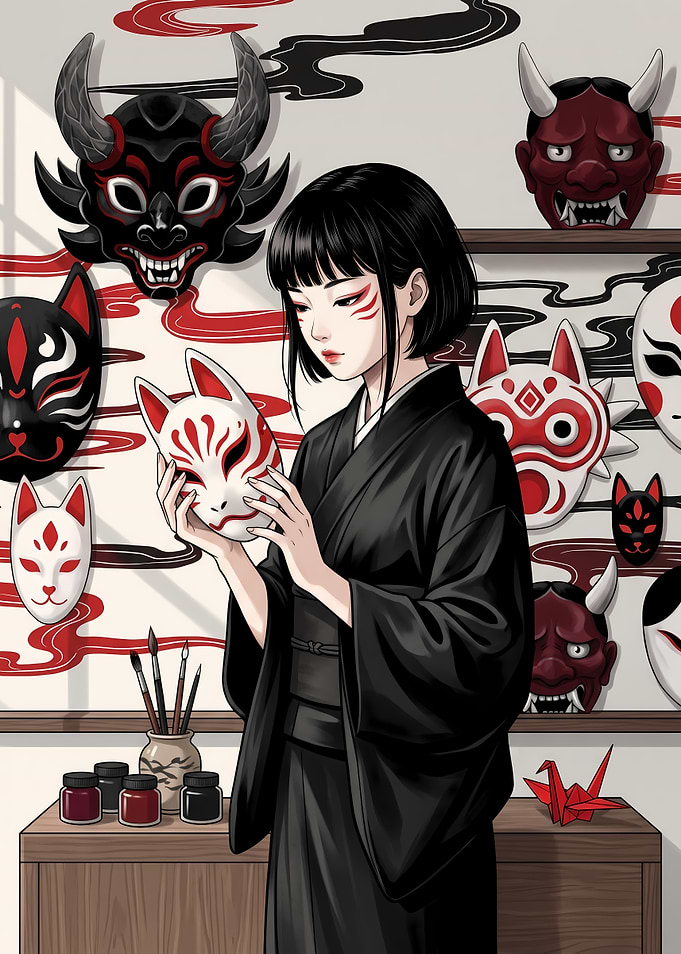 Girl Holding Kitsune Mask in Studio