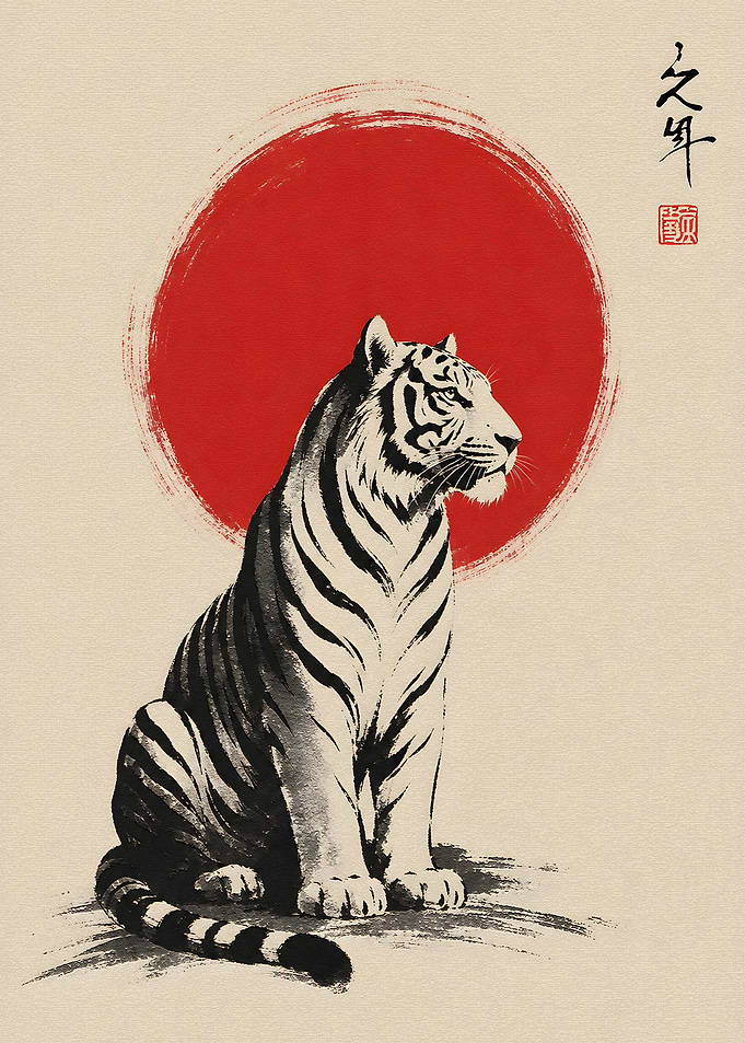 Sumi-e Style Tiger with Red Sun