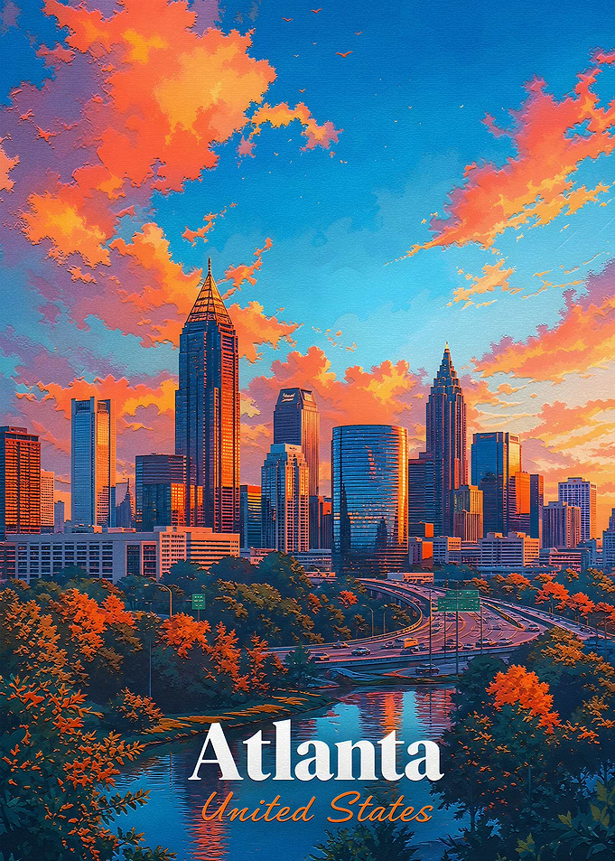 Atlanta Skyline Sunset Travel Poster