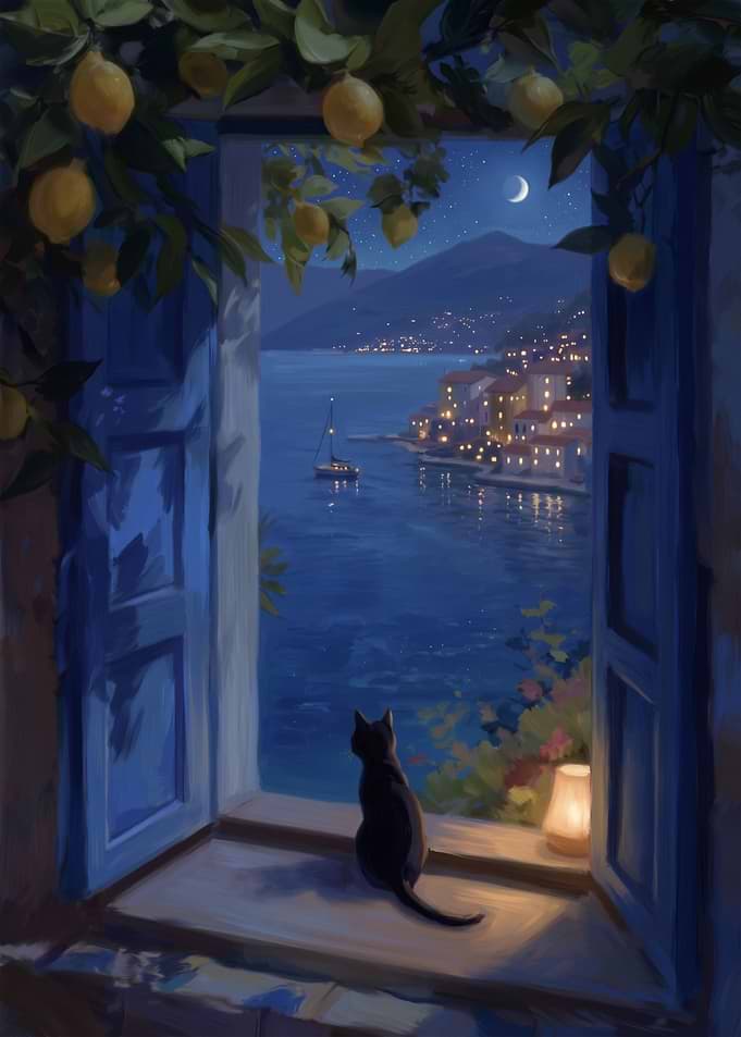 Black Cat Gazes at Mediterranean Coast Night View