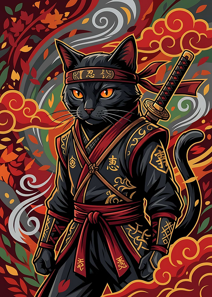 Black Ninja Cat Warrior Illustration