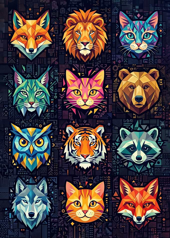 Geometric Animal Portraits Grid