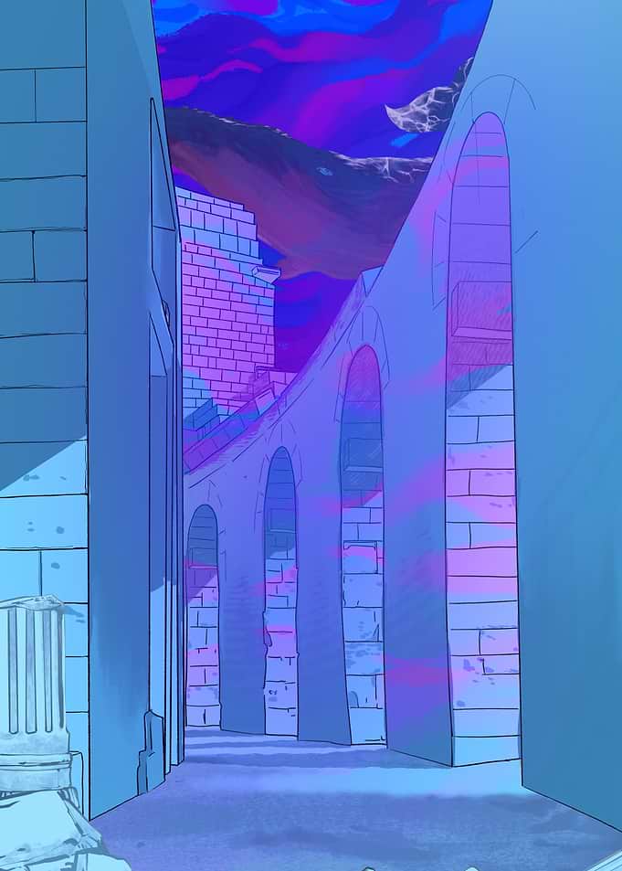 Surreal Stone Archway in Neon Water