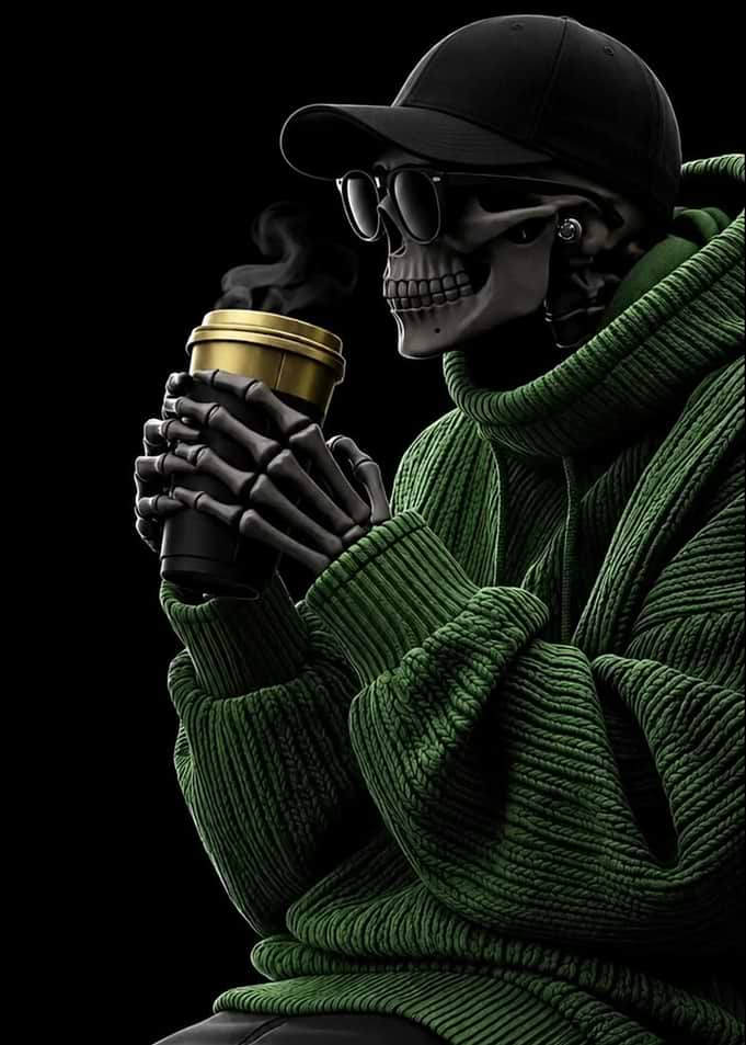 Skeleton in Green Sweater Drinking Coffee