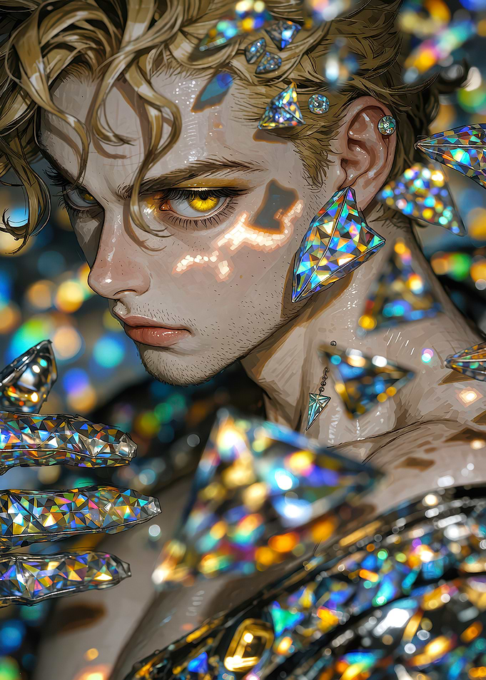 Golden-Eyed Man Surrounded by Crystals