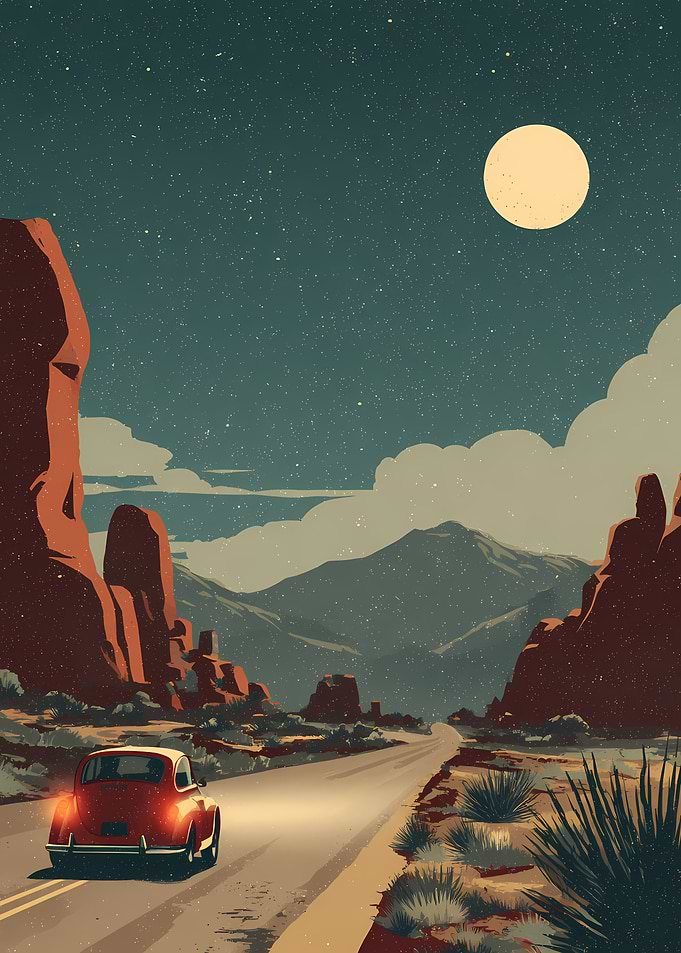 Vintage Car Driving Through Desert Night