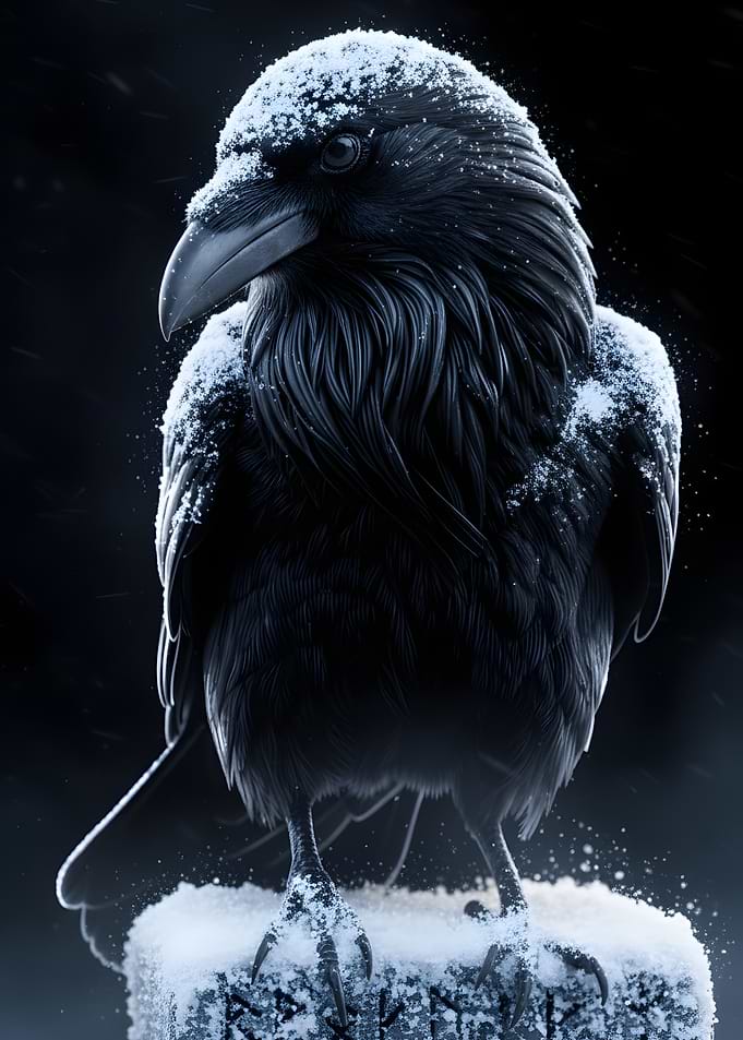 Raven Perched on Snowy Rune Stone