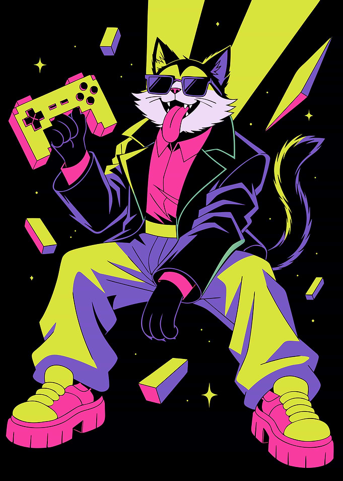 Cool Gamer Cat Neon Illustration