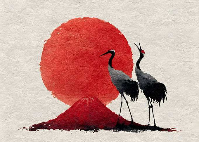 Japanese Cranes and Mount Fuji