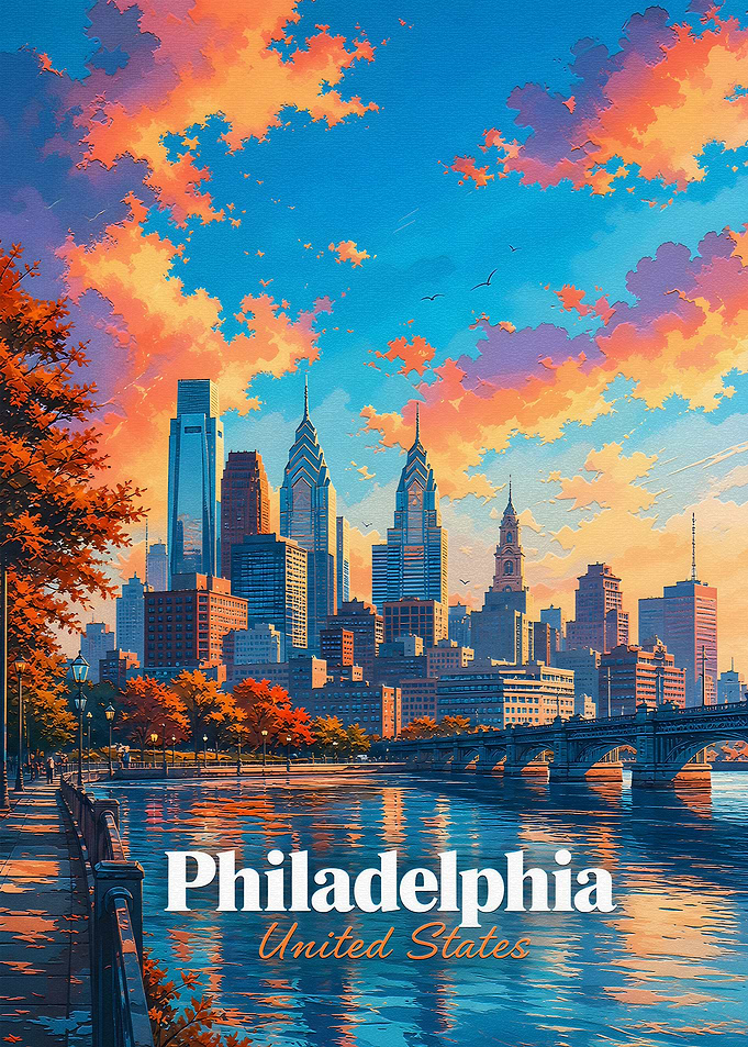 Philadelphia Skyline Sunset Travel Poster