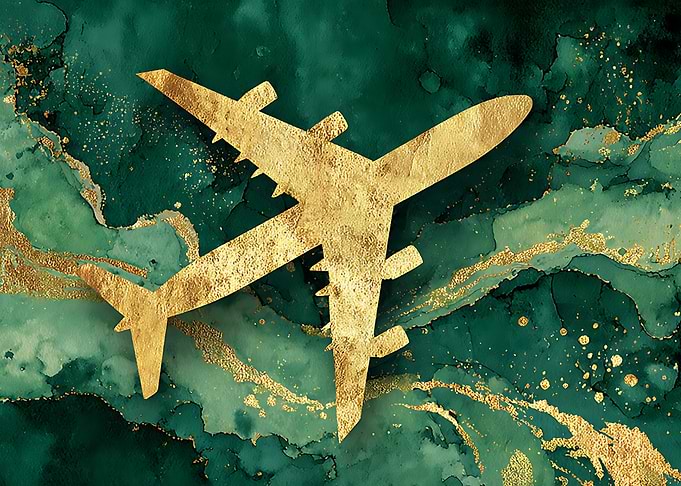 Golden Airplane on Emerald Marble Background