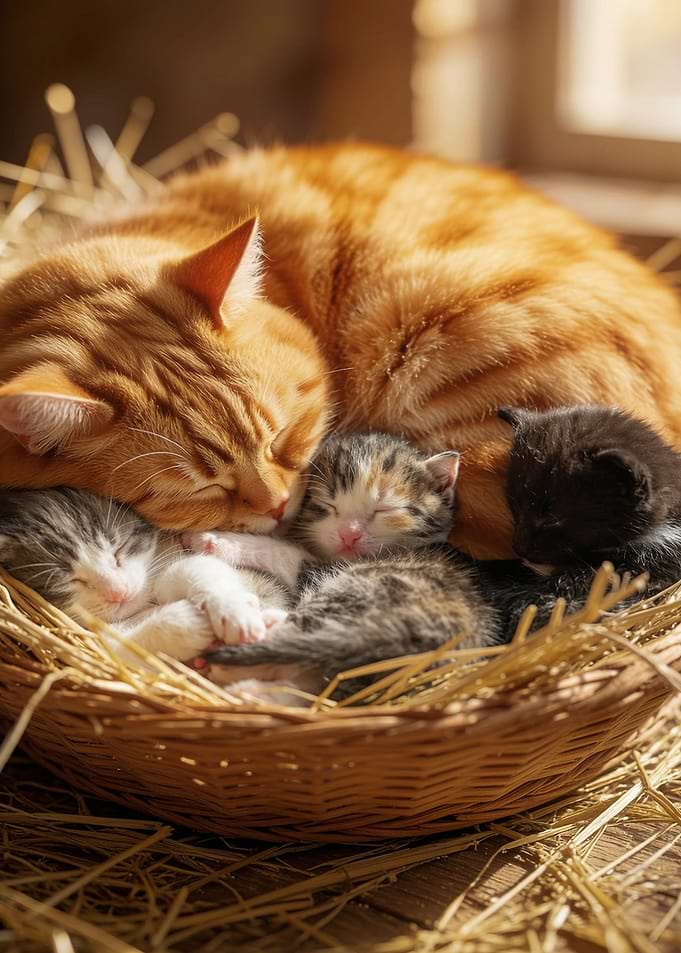 Mother Cat Sleeping with Kittens