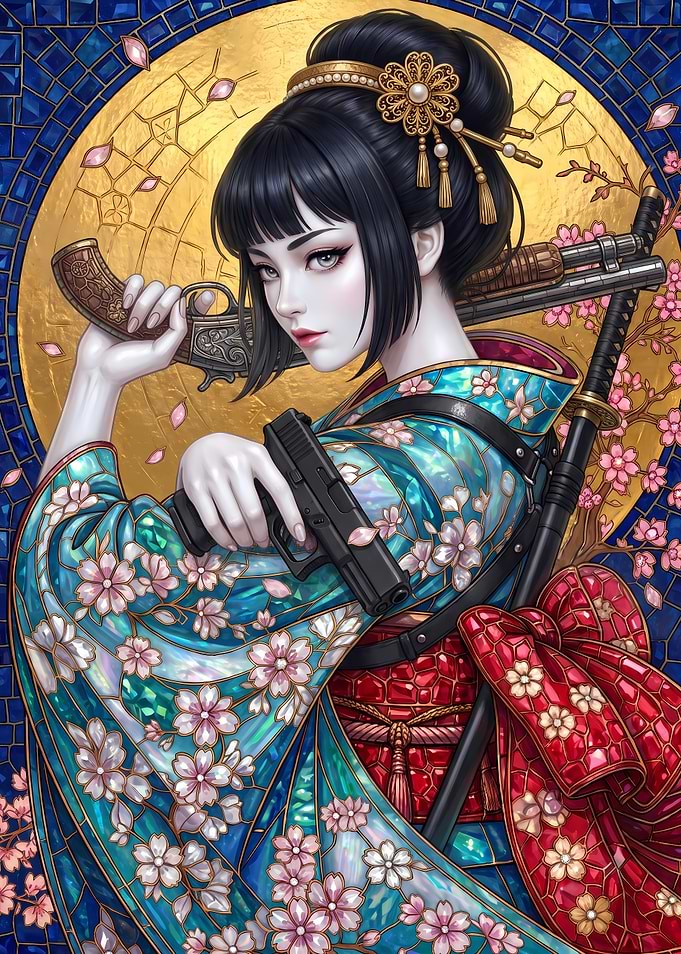 Stained Glass Geisha with Weapons