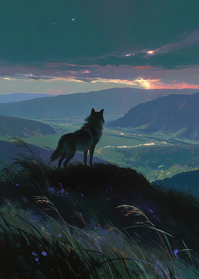 Lone Wolf Overlooking Mountain Valley
