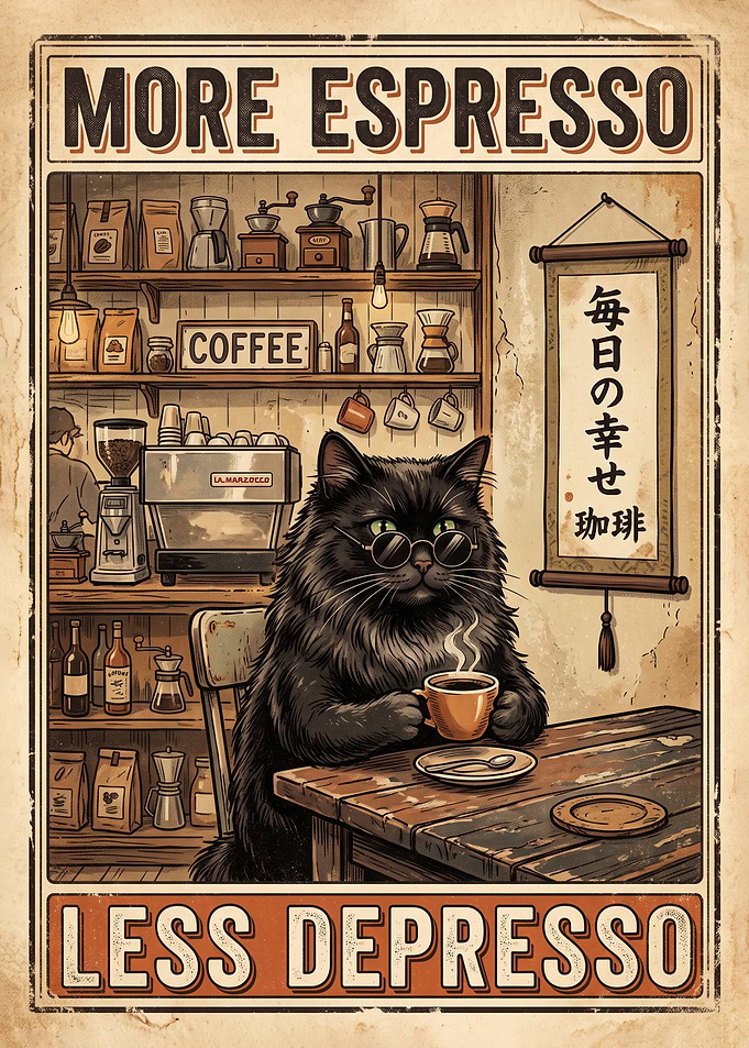 Black Cat Drink More Espresso Less Depresso