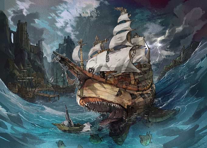Shark-Shaped Pirate Ship Fantasy Illustration