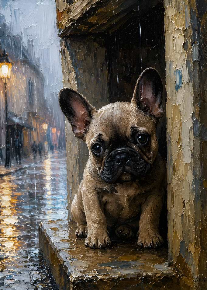 French Bulldog Puppy in Rainy City