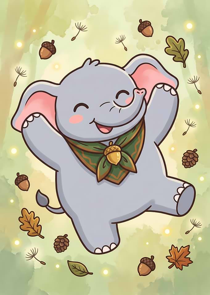 Cute Cartoon Elephant in Autumn Forest