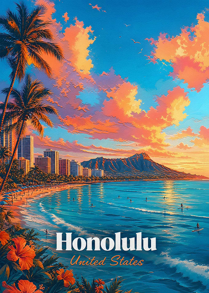 Honolulu Hawaii Sunset Travel Poster