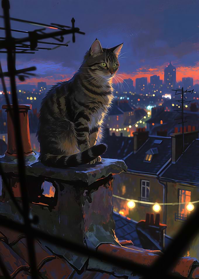 Tabby Cat on Rooftop at Sunset