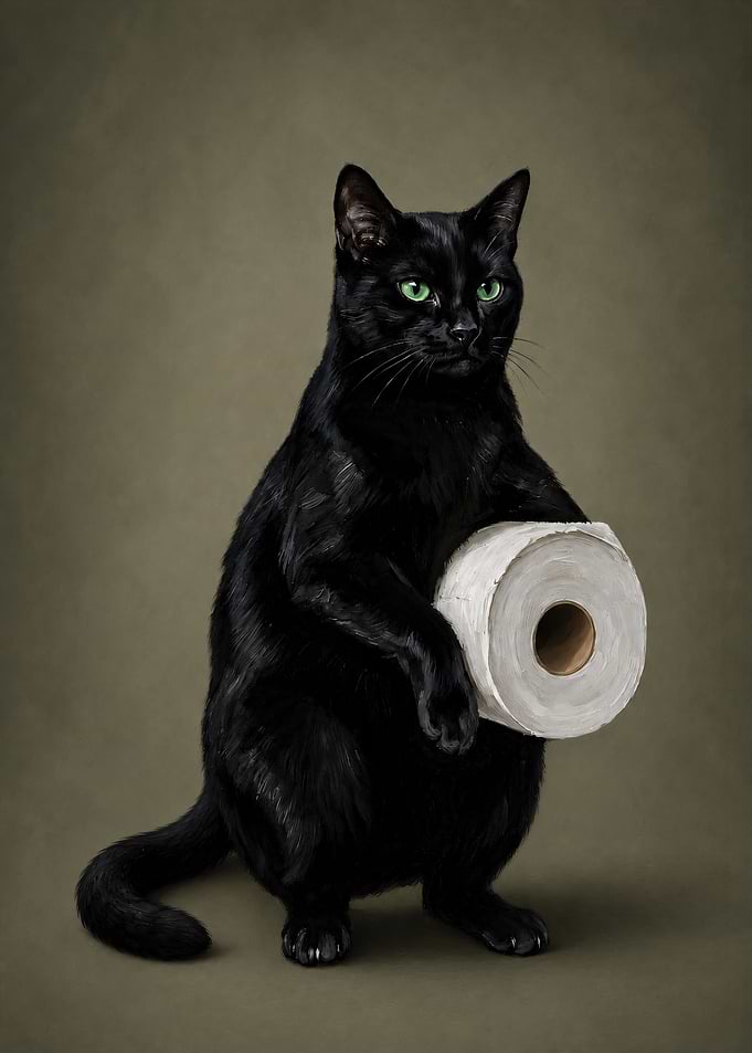 Black Cat Holding Toilet Paper