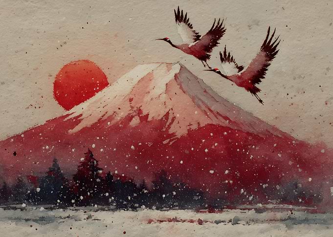 Red Cranes Over Mount Fuji