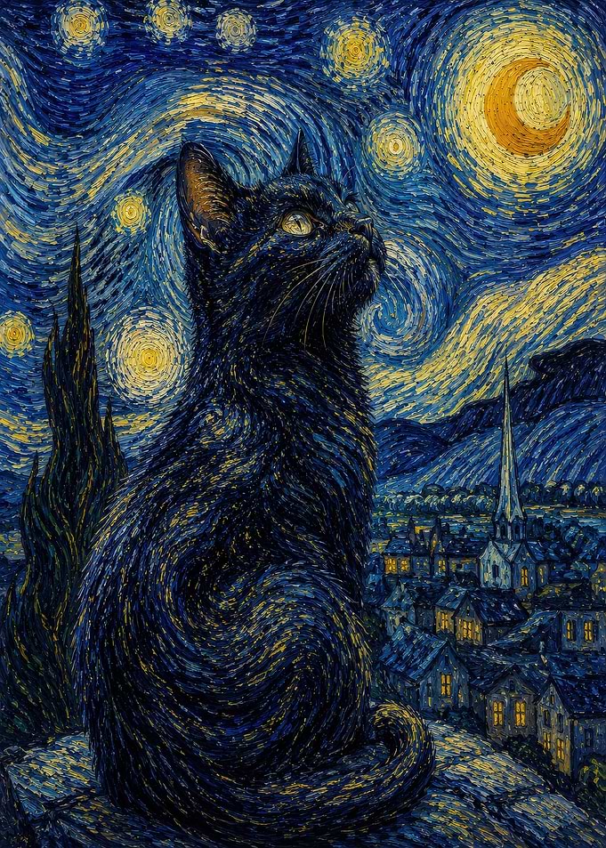 Black Cat in Starry Night Style