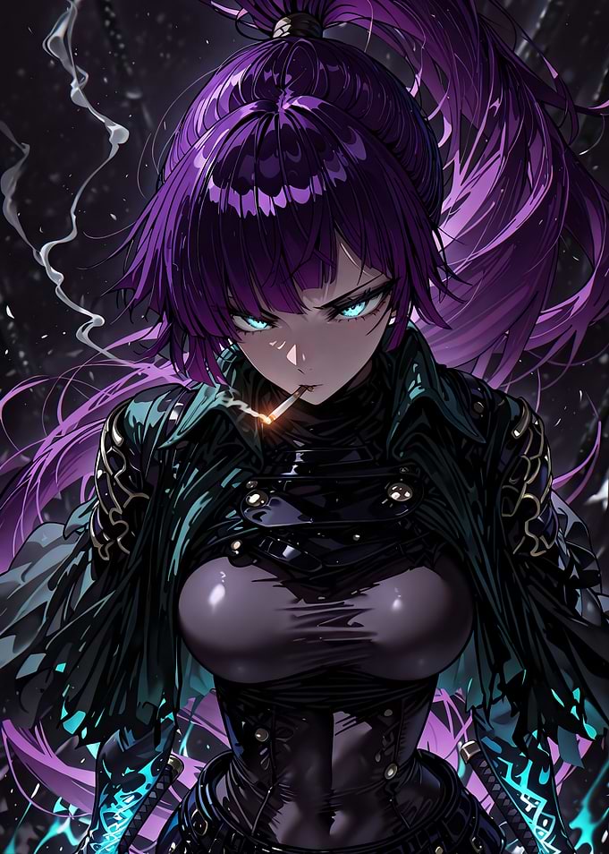 Purple-Haired Anime Warrior Smoking