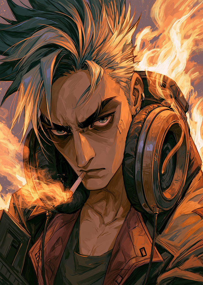 Edgy Anime Character with Headphones