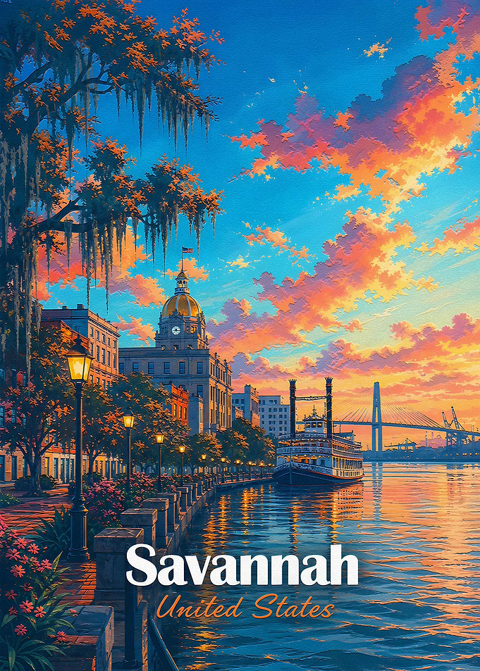 Savannah Georgia Sunset Travel Poster