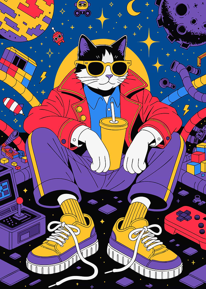 Retro Gaming Cat in Space