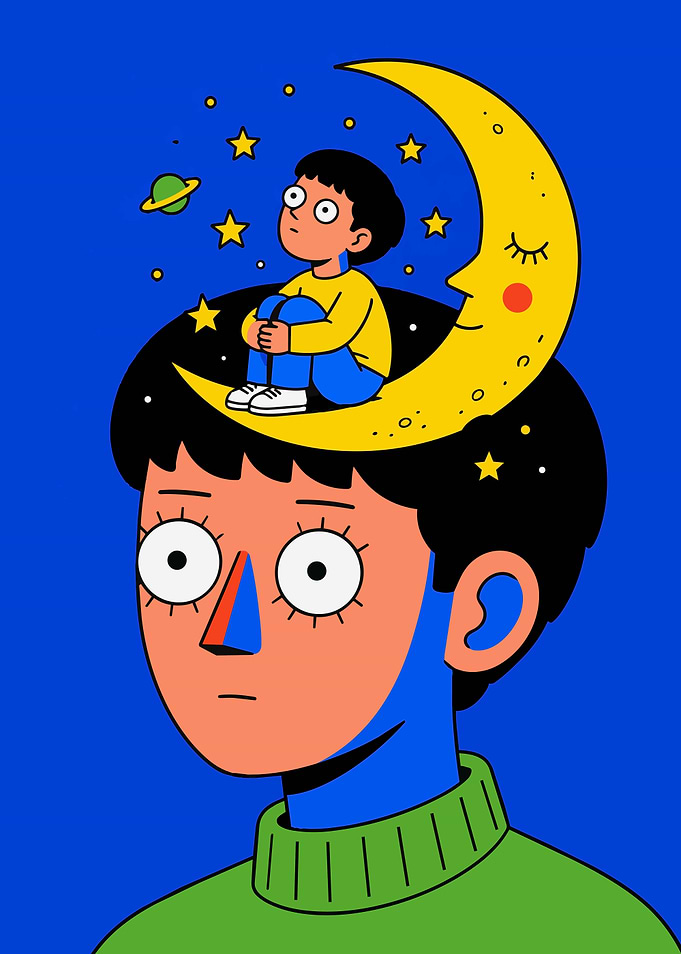 Dreaming Boy with Moon Illustration