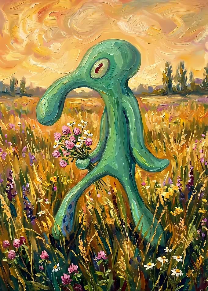 Squidward Walking Through a Wildflower Field