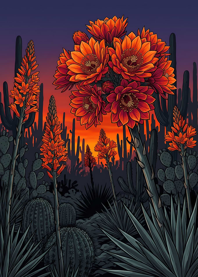 Vibrant Desert Cactus Sunset Illustration