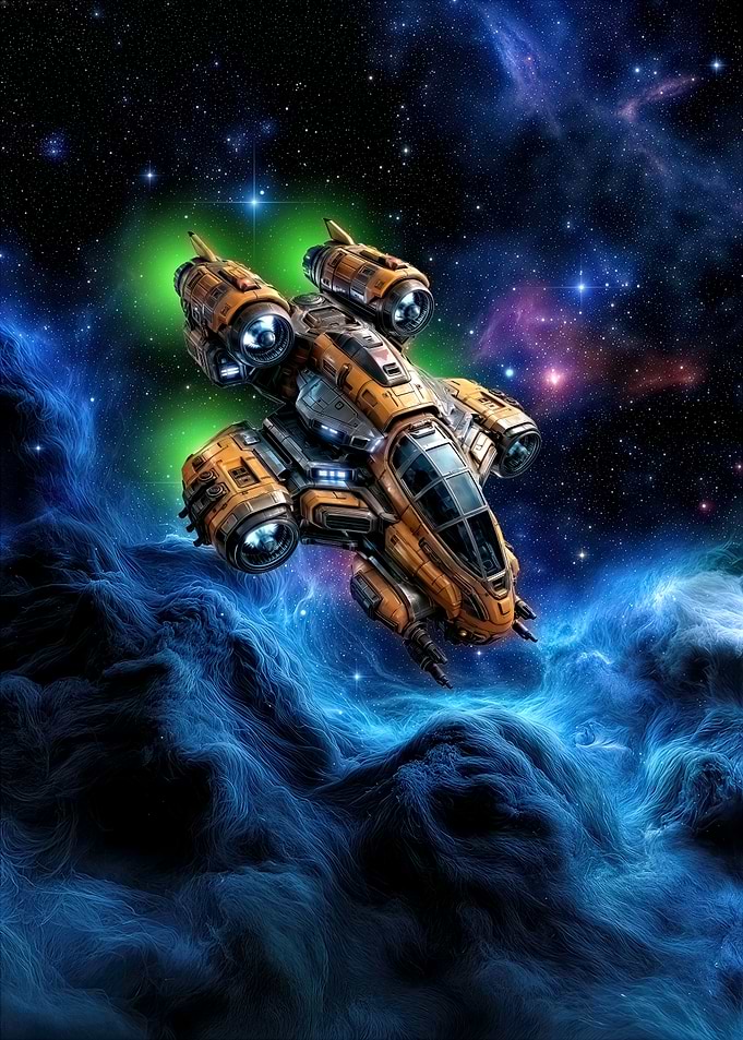 Yellow Spaceship in Deep Space Nebula